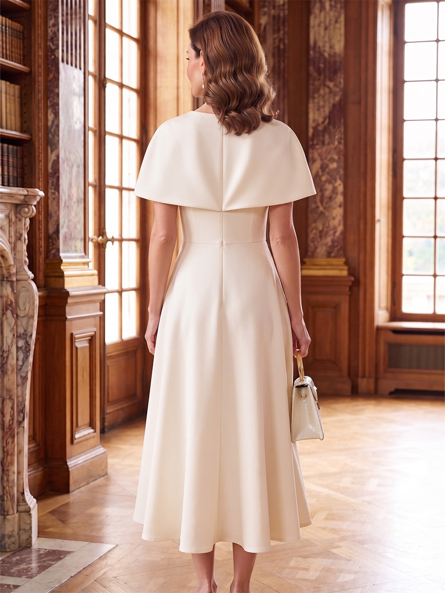 A-Line/Princess Scoop Stretch Satin Mother of the Bride Dresses Tea-Length Cape Sleeves 3D Flower
