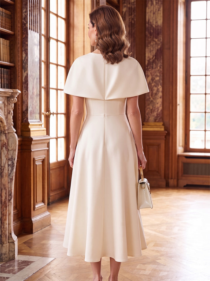 A-Line/Princess Scoop Stretch Satin Mother of the Bride Dresses Tea-Length Cape Sleeves 3D Flower
