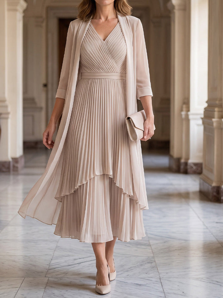2 Pieces A-Line/Princess V-Neck Chiffon Mother of the Bride Dresses Tea-Length 3/4 Sleeves Pleated
