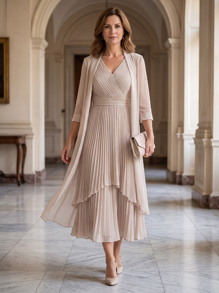 2 Pieces A-Line/Princess V-Neck Chiffon Mother of the Bride Dresses Tea-Length 3/4 Sleeves Pleated