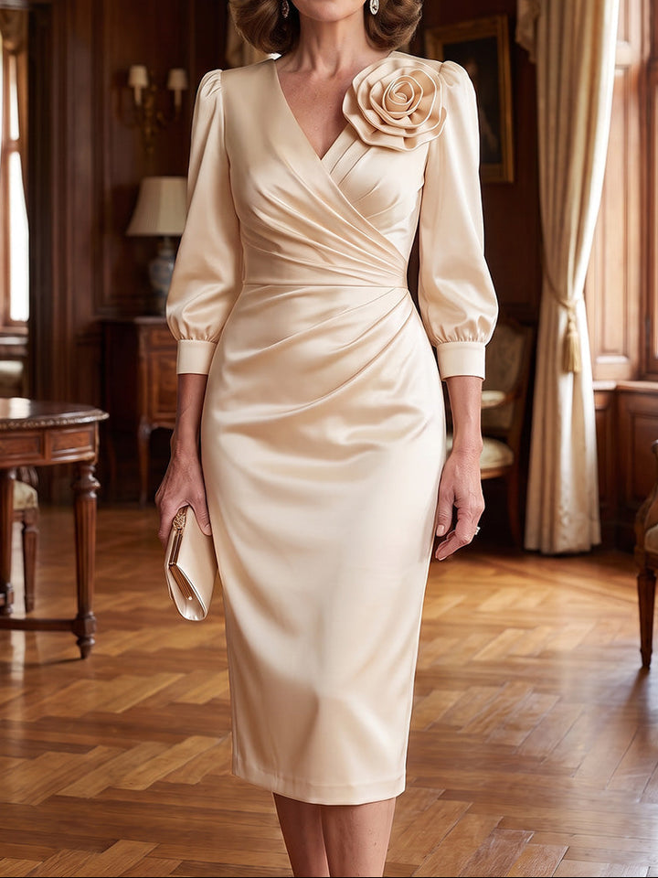 Sheath/Column Silk Satin V-Neck Mother of the Bride Dresses Tea-Length 3/4 Sleeves 3D Flower