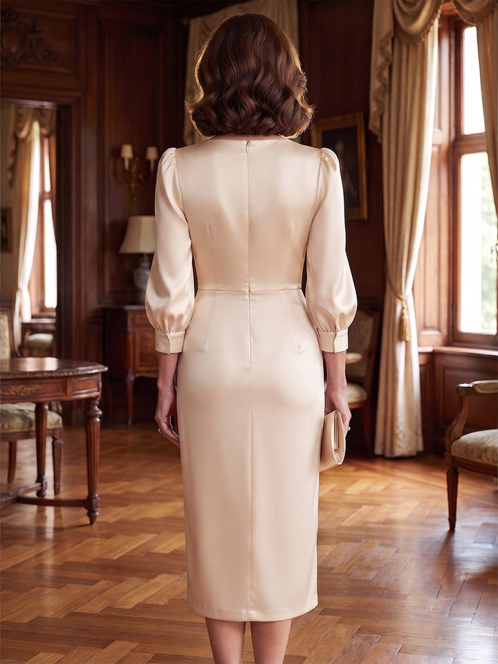Sheath/Column Silk Satin V-Neck Mother of the Bride Dresses Tea-Length 3/4 Sleeves 3D Flower