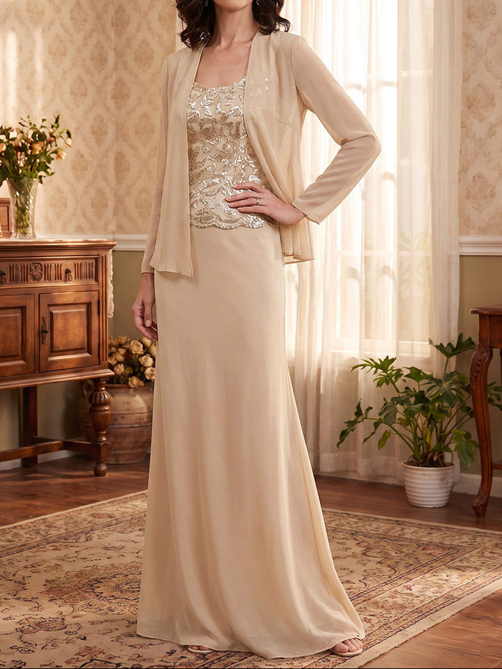 2 Pieces A-Line/Princess Scoop Chiffon Sequins Mother of the Bride Dresses Floor-Length Long Sleeves