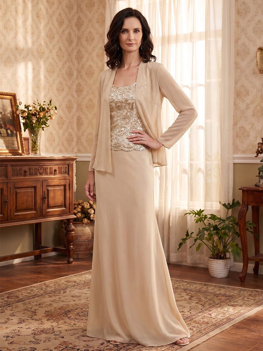 2 Pieces A-Line/Princess Scoop Chiffon Sequins Mother of the Bride Dresses Floor-Length Long Sleeves