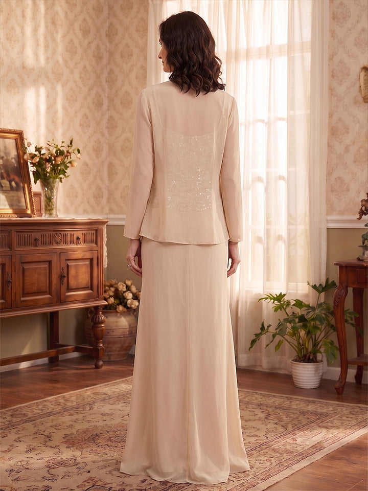 2 Pieces A-Line/Princess Scoop Chiffon Sequins Mother of the Bride Dresses Floor-Length Long Sleeves
