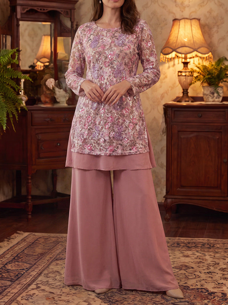 2 Pieces Scoop Chiffon Mother of the Bride Pantsuits Floral Floor-Length Long Sleeves