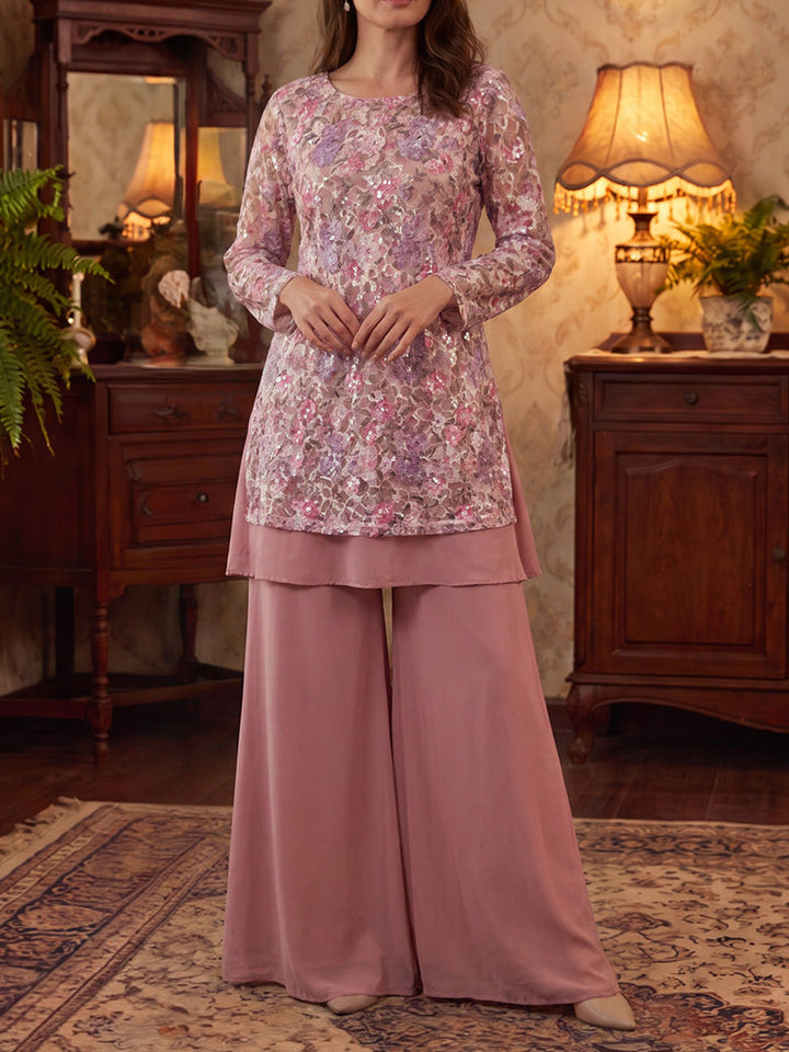 2 Pieces Scoop Chiffon Mother of the Bride Pantsuits Floral Floor-Length Long Sleeves