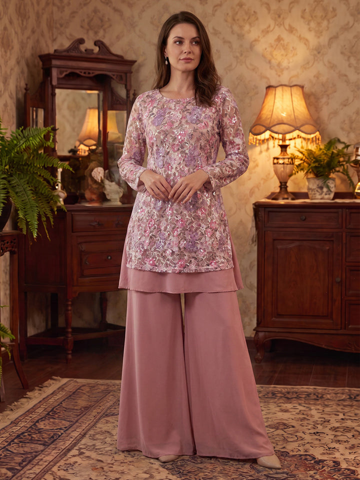 2 Pieces Scoop Chiffon Mother of the Bride Pantsuits Floral Floor-Length Long Sleeves