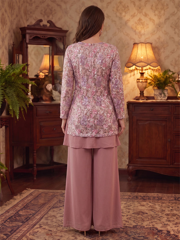 2 Pieces Scoop Chiffon Mother of the Bride Pantsuits Floral Floor-Length Long Sleeves