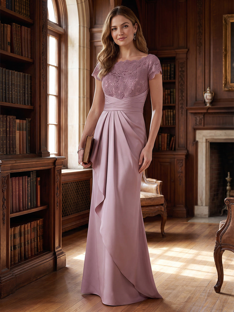 Sheath/Column Scoop Satin Mother of the Bride Dresses Lace Floor-Length Short Sleeves
