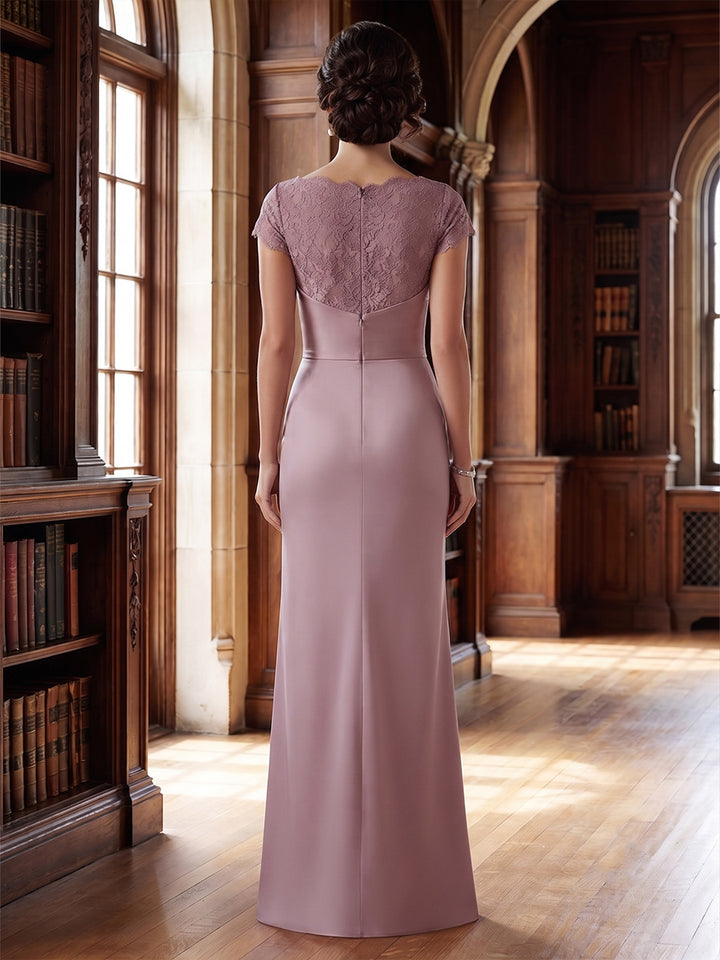 Sheath/Column Scoop Satin Mother of the Bride Dresses Lace Floor-Length Short Sleeves