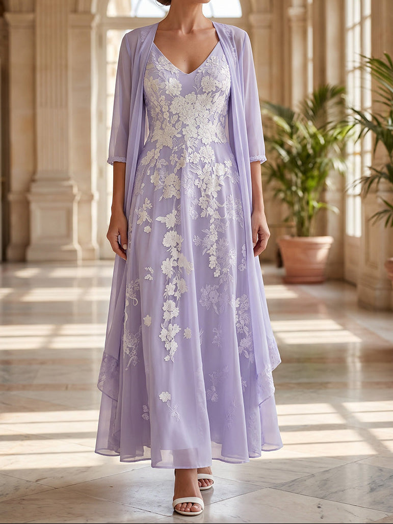2 Pieces A-Line/Princess V-Neck Lace Embroidery Mother of the Bride Dresses Ankle-Length 3/4 Sleeves