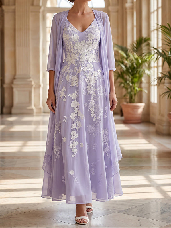 2 Pieces A-Line/Princess V-Neck Lace Embroidery Mother of the Bride Dresses Ankle-Length 3/4 Sleeves