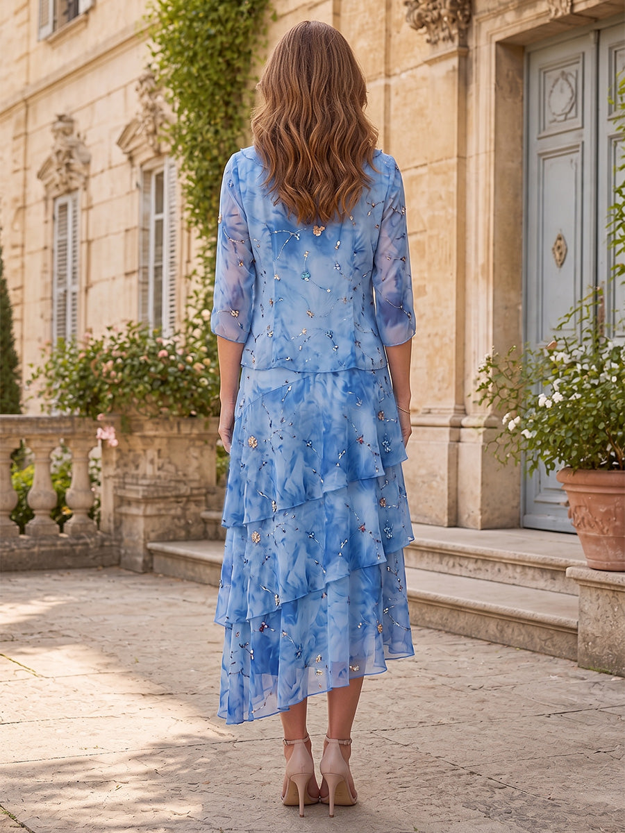 2 Pieces A-Line/Princess V-Neck Floral Chiffon Mother of the Bride Dresses Tea-Length Half Sleeves Ruffles