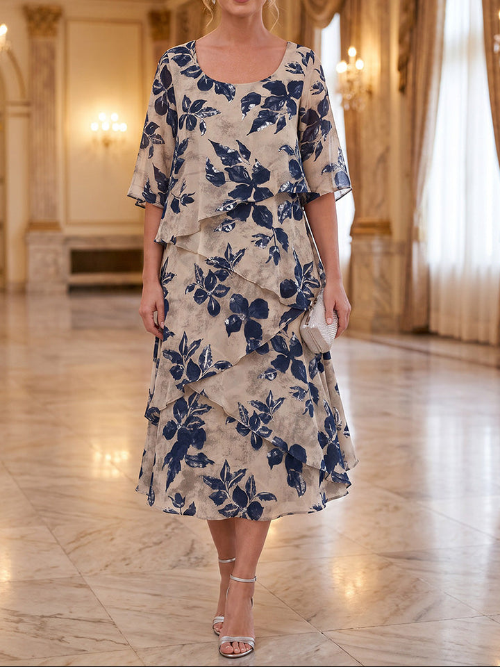 A-Line/Princess Scoop Floral Chiffon Mother of the Bride Dresses Tea-Length Half Sleeves