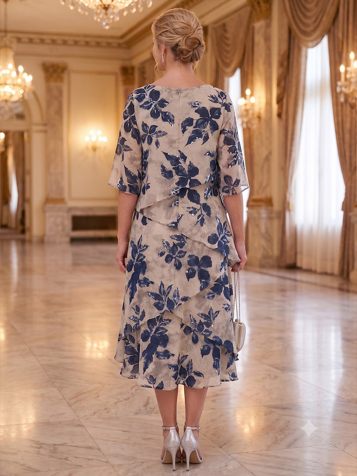 A-Line/Princess Scoop Floral Chiffon Mother of the Bride Dresses Tea-Length Half Sleeves