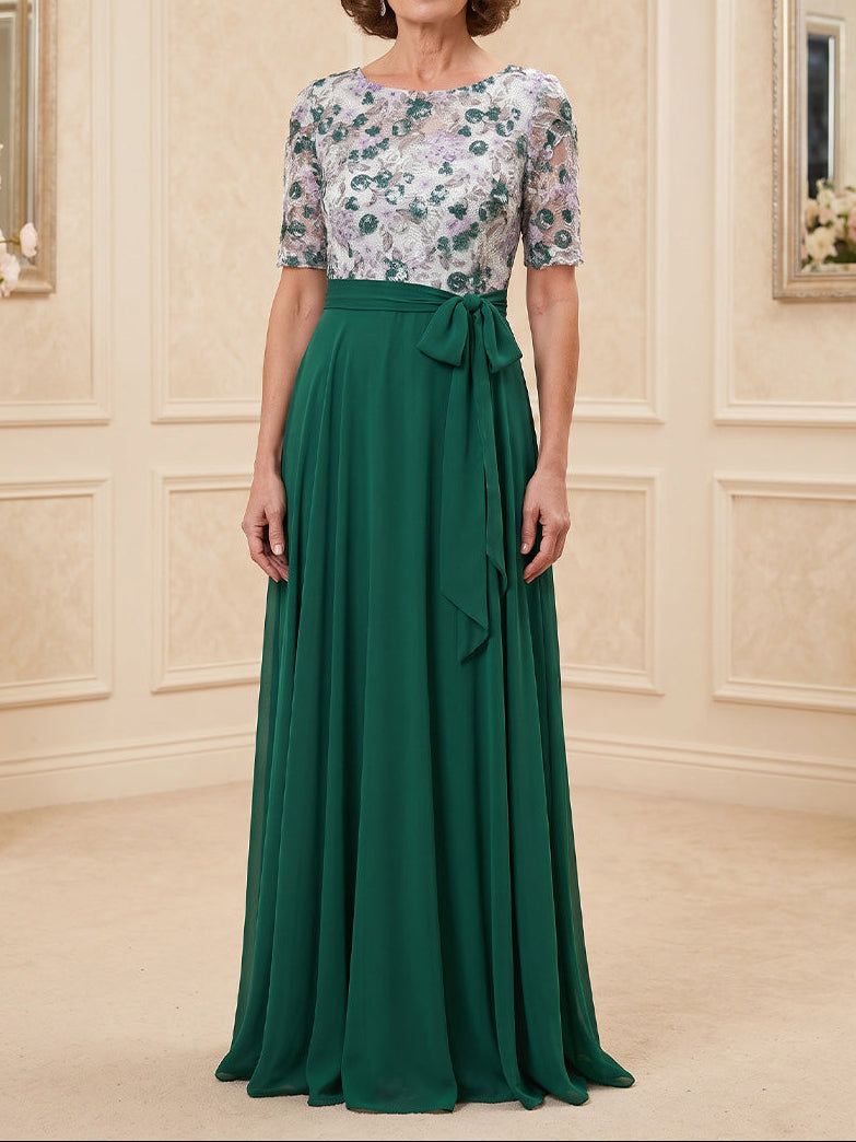A-Line/Princess Scoop Chiffon Mother of the Bride Dresses Lace Embroidery Floor-Length Short Sleeves