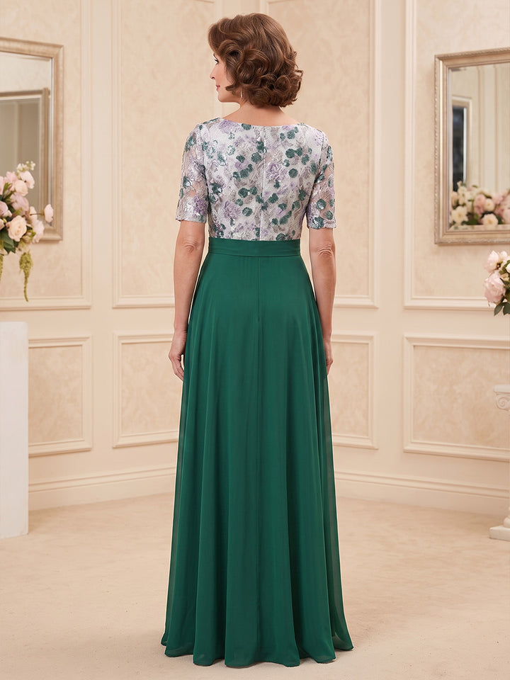 A-Line/Princess Scoop Chiffon Mother of the Bride Dresses Lace Embroidery Floor-Length Short Sleeves