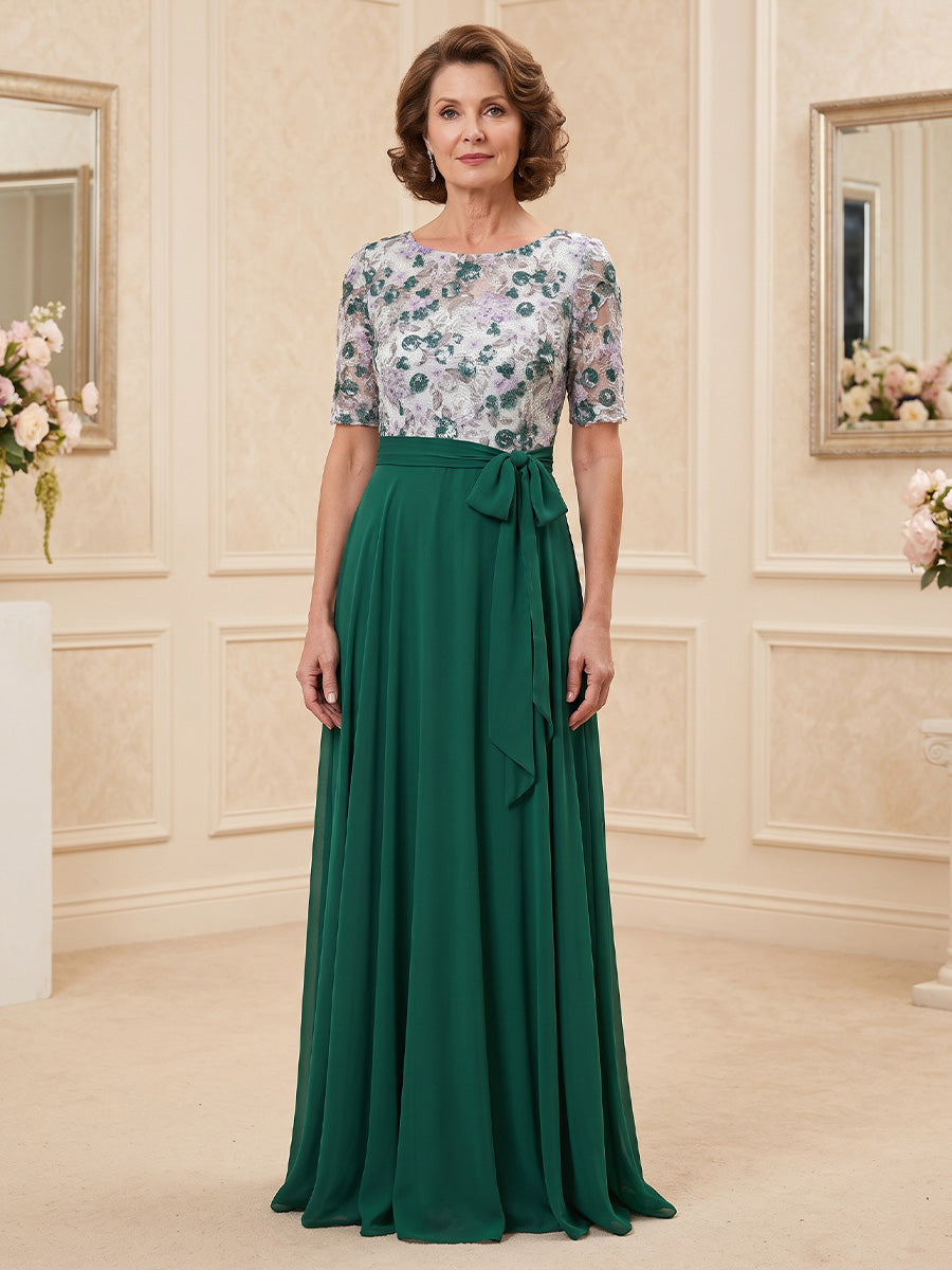 A-Line/Princess Scoop Chiffon Mother of the Bride Dresses Lace Embroidery Floor-Length Short Sleeves
