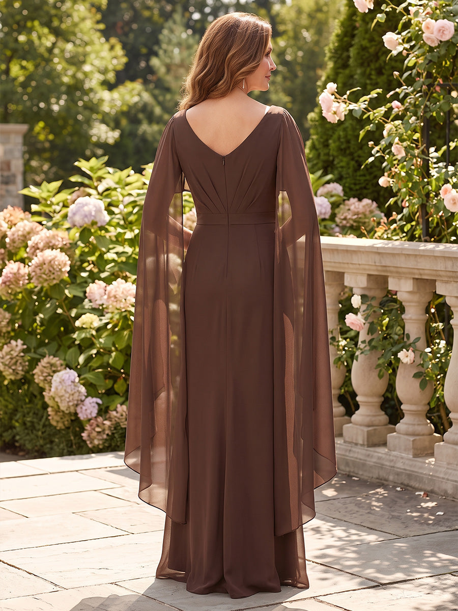 A-Line/Princess V-Neck Chiffon Mother of the Bride Dresses Floor-Length Cape Sleeves Ruffles