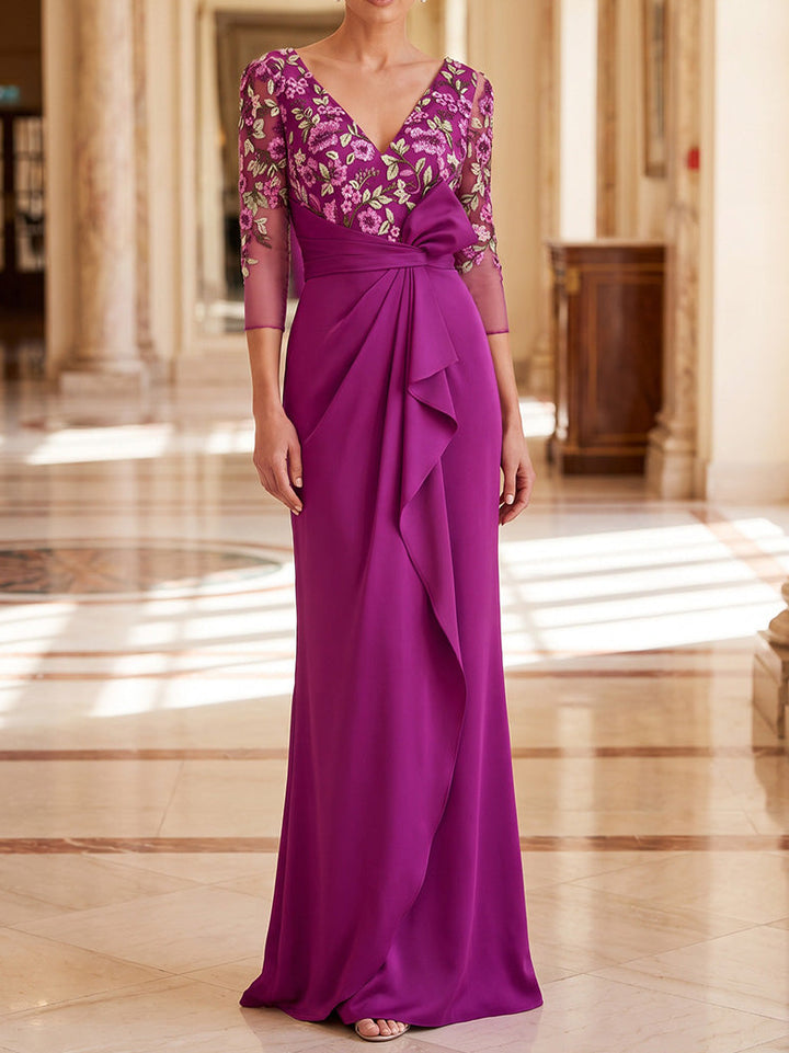 Sheath/Column V-Neck Floral Satin Mother of the Bride Dresses Floor-Length 3/4 Sleeves Ruffles