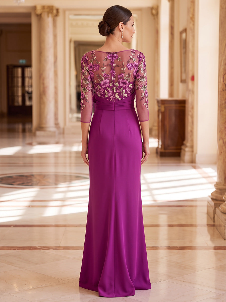 Sheath/Column V-Neck Floral Satin Mother of the Bride Dresses Floor-Length 3/4 Sleeves Ruffles