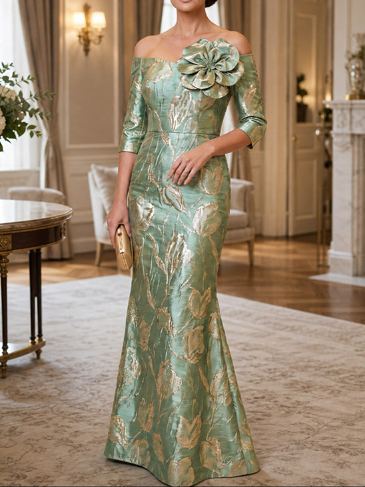 Trumpet/Mermaid Off-the-Shoulder Jacquard Mother of the Bride Dresses Floor-Length 3/4 Sleeves 3D Flower