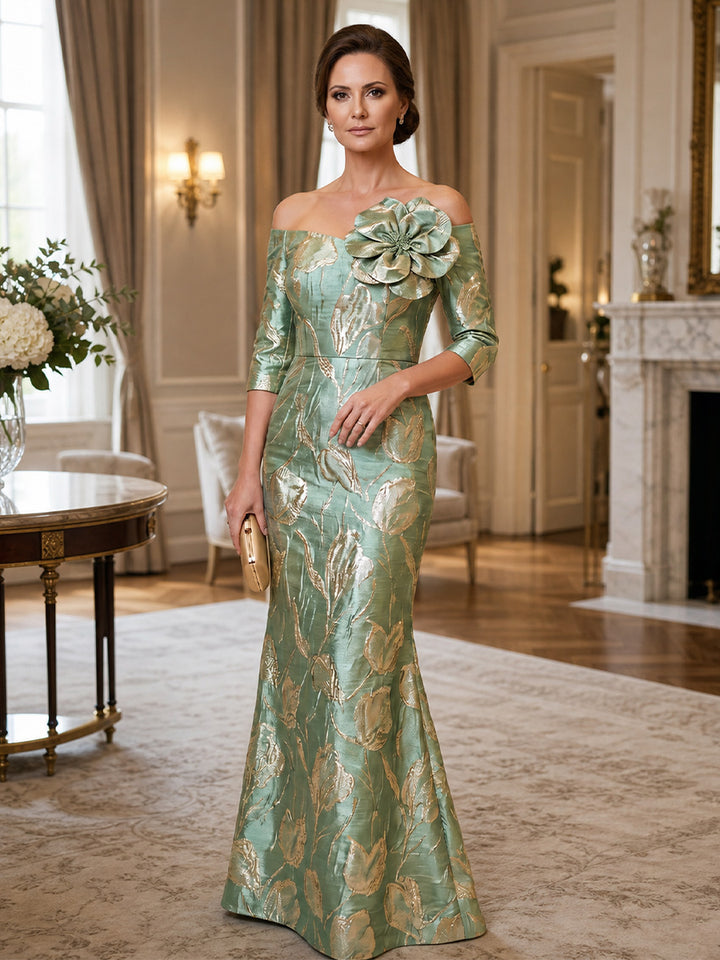 Trumpet/Mermaid Off-the-Shoulder Jacquard Mother of the Bride Dresses Floor-Length 3/4 Sleeves 3D Flower