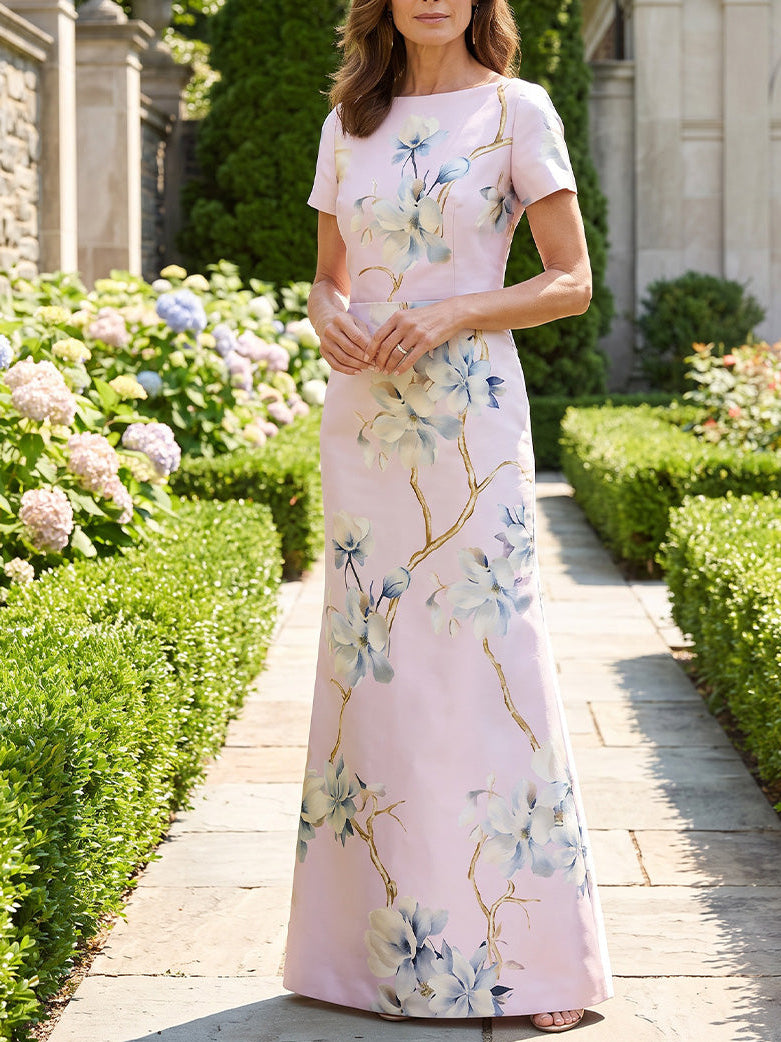 Sheath/Column Scoop Printed Satin Mother of the Bride Dresses Floor-Length Short Sleeves Floral