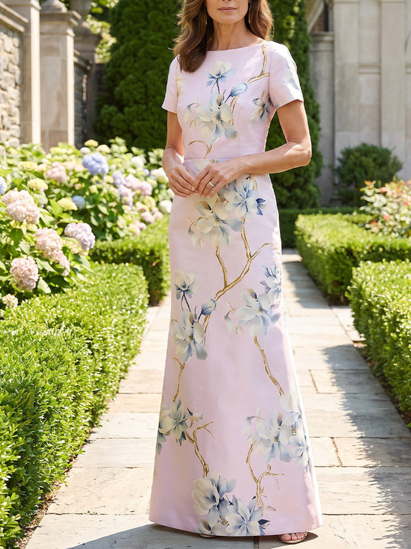 Sheath/Column Scoop Printed Satin Mother of the Bride Dresses Floor-Length Short Sleeves Floral