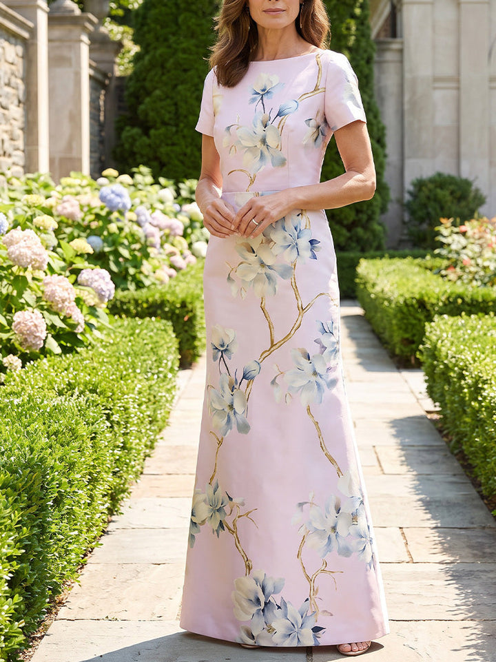 Sheath/Column Scoop Printed Satin Mother of the Bride Dresses Floor-Length Short Sleeves Floral