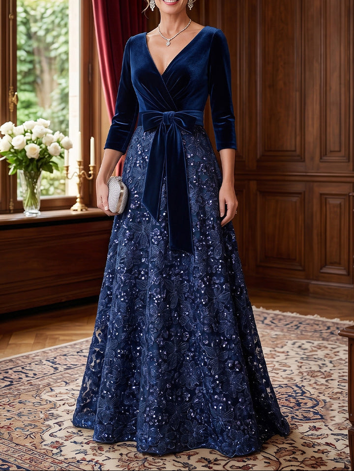 A-Line/Princess V-Neck Velvet Mother of the Bride Dresses Sequins Floor-Length 3/4 Sleeves Bowknot