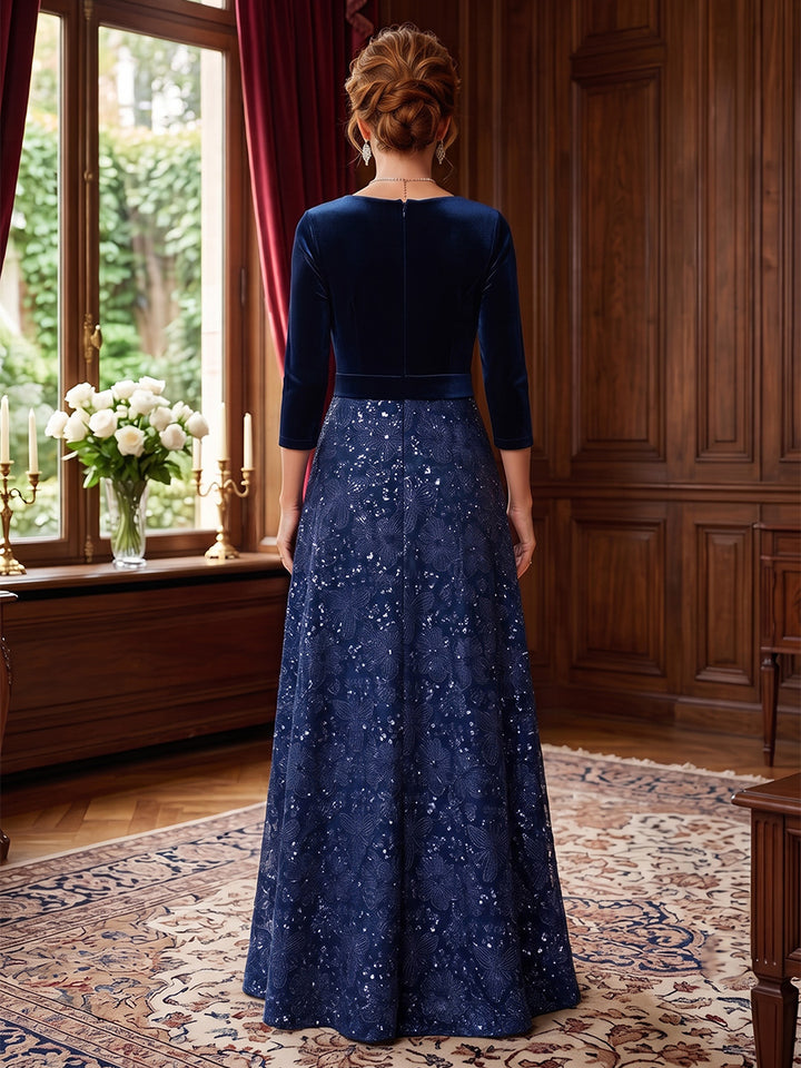 A-Line/Princess V-Neck Velvet Mother of the Bride Dresses Sequins Floor-Length 3/4 Sleeves Bowknot