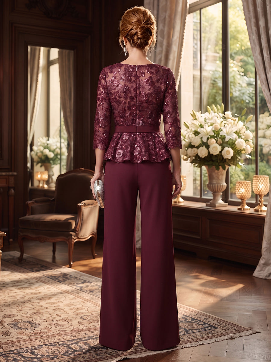 2 Pieces Scoop Chiffon Mother of the Bride Pantsuits Floral Floor-Length 3/4 Sleeves