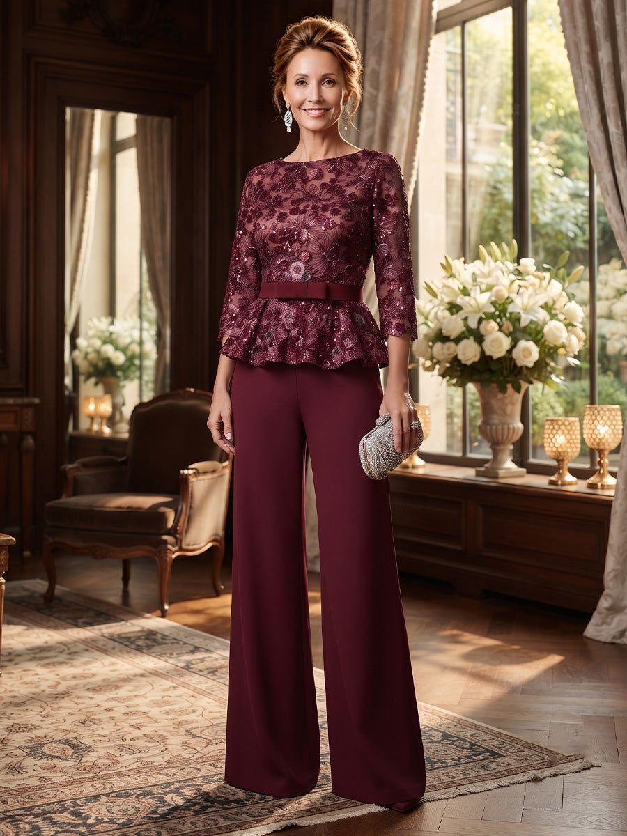 2 Pieces Scoop Chiffon Mother of the Bride Pantsuits Floral Floor-Length 3/4 Sleeves
