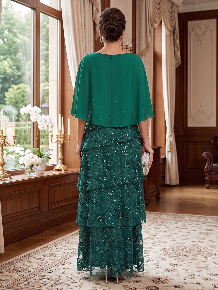 A-Line/Princess Scoop Chiffon Mother of the Bride Dresses Sequins Ankle-Length Cape Sleeves