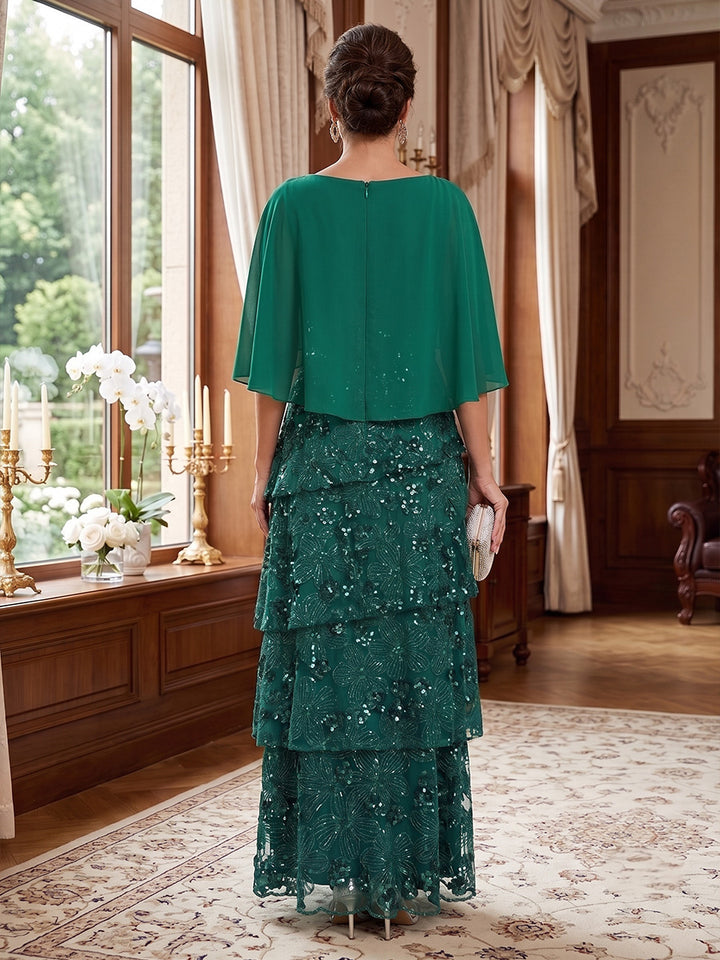 A-Line/Princess Scoop Chiffon Mother of the Bride Dresses Sequins Ankle-Length Cape Sleeves