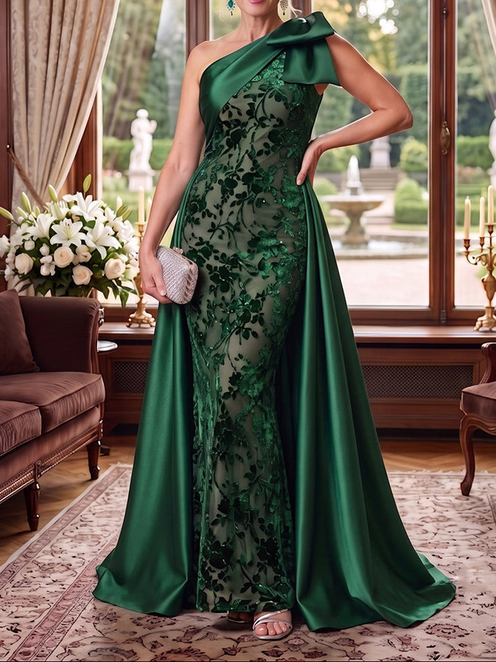 Sheath/Column One-Shoulder Satin Mother of the Bride Dresses Floor-Length Floral Sleeveless with Overskirt