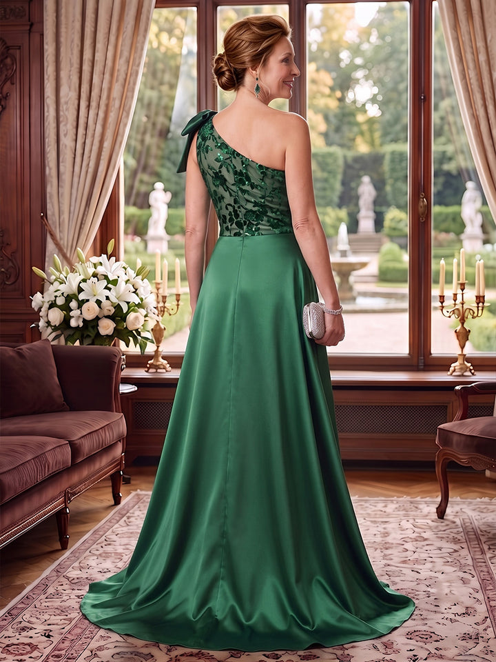 Sheath/Column One-Shoulder Satin Mother of the Bride Dresses Floor-Length Floral Sleeveless with Overskirt