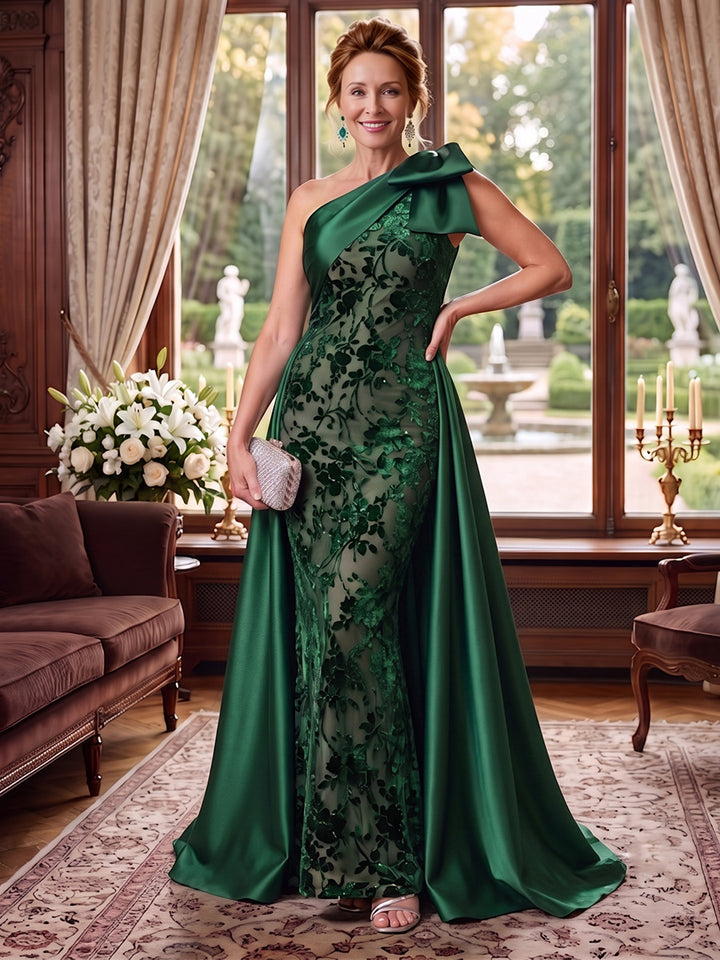 Sheath/Column One-Shoulder Satin Mother of the Bride Dresses Floor-Length Floral Sleeveless with Overskirt