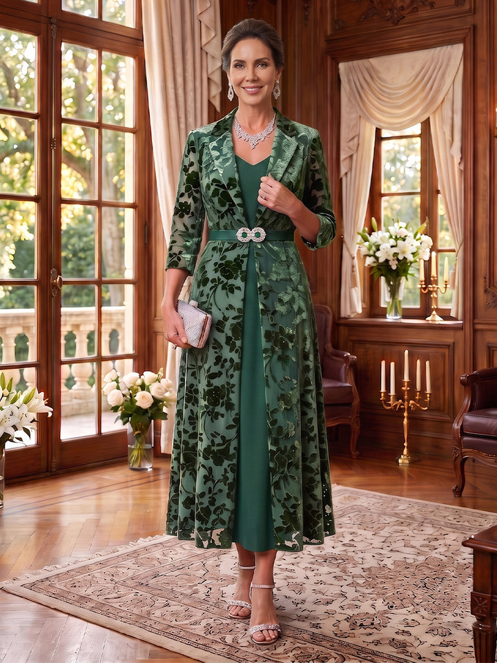 2 Pieces A-Line/Princess V-Neck Chiffon Mother of the Bride Dresses Floral Tea-Length 3/4 Sleeves&Sleeveless