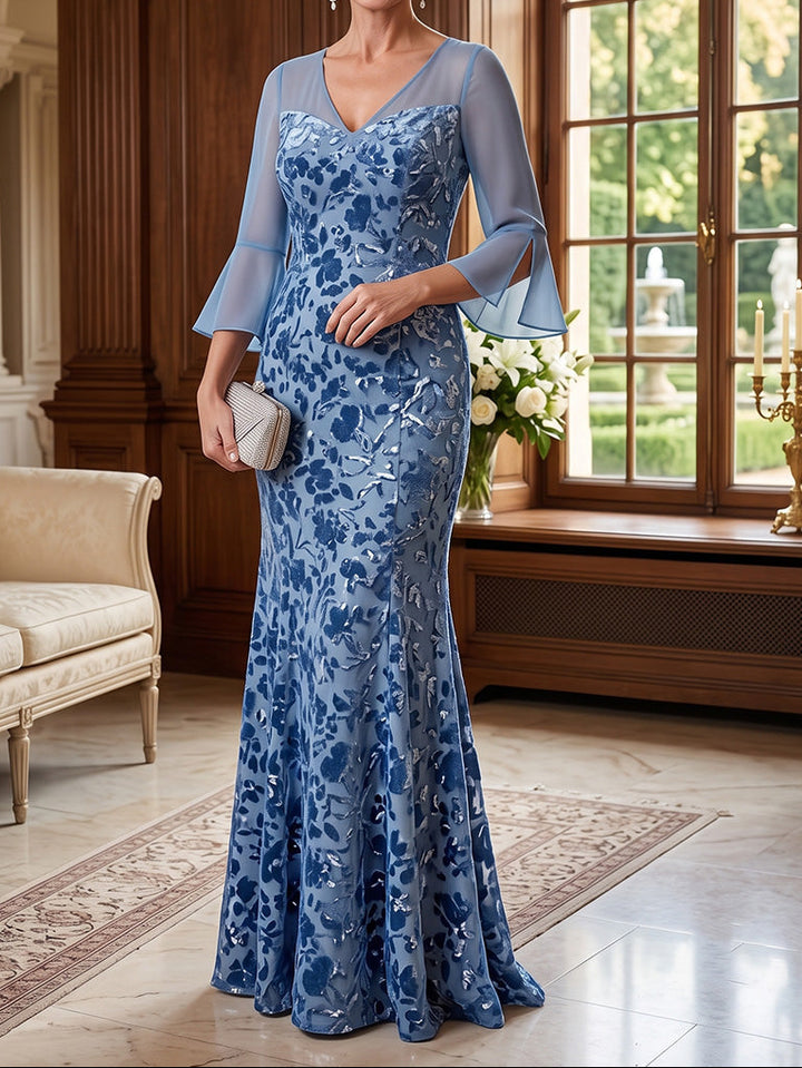 Sheath/Column V-Neck Floral Mother of the Bride Dresses Floor-Length 3/4 Sleeves