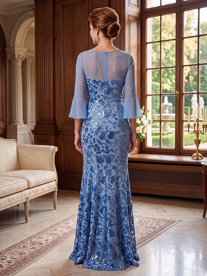 Sheath/Column V-Neck Floral Mother of the Bride Dresses Floor-Length 3/4 Sleeves