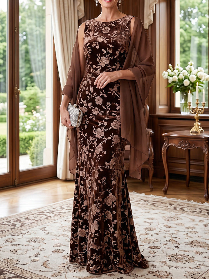 Sheath/Column Scoop Floral Velvet Mother of the Bride Dresses Floor-Length Sleeveless with Wrap