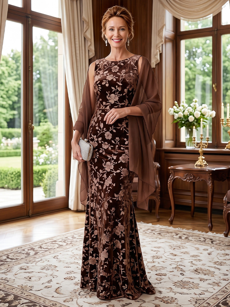 Sheath/Column Scoop Floral Velvet Mother of the Bride Dresses Floor-Length Sleeveless with Wrap