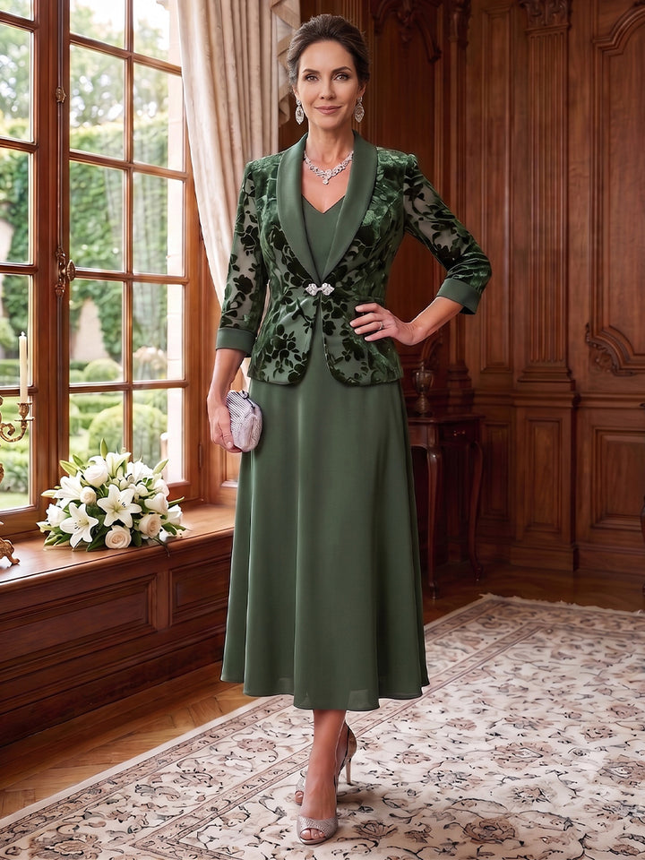 2 Pieces A-Line/Princess V-Neck Chiffon Mother of the Bride Dresses Floral Tea-Length 3/4 Sleeves&Sleeveless