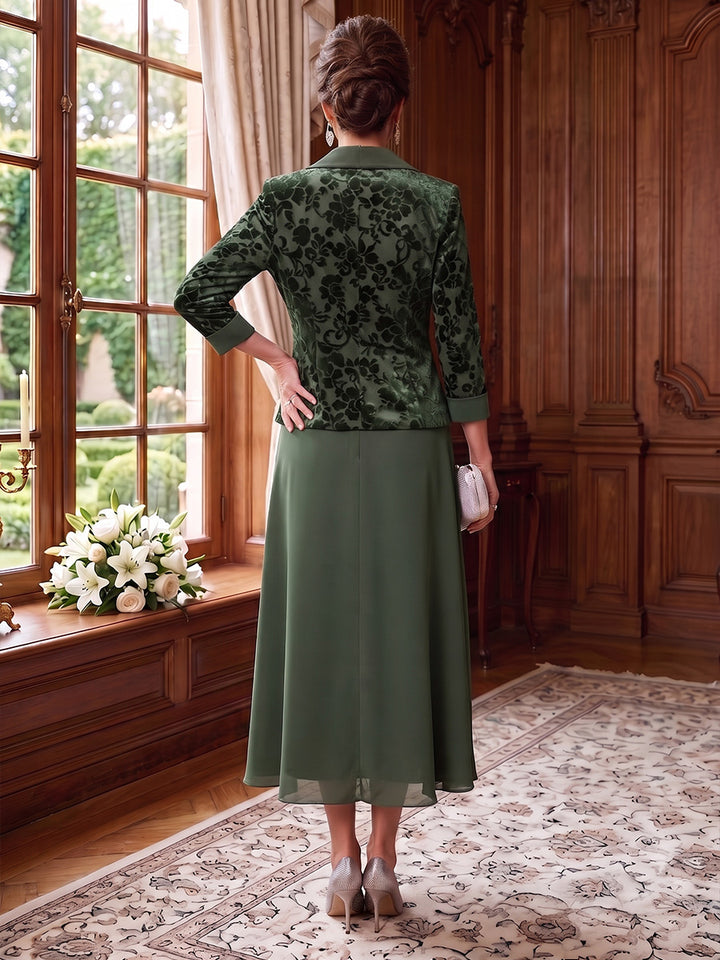 2 Pieces A-Line/Princess V-Neck Chiffon Mother of the Bride Dresses Floral Tea-Length 3/4 Sleeves&Sleeveless