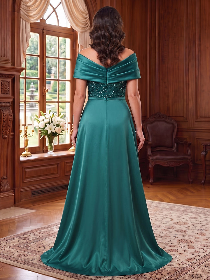 Sheath/Column V-Neck Satin Mother of the Bride Dresses Sequins Floor-Length Sleeveless with Overskirt
