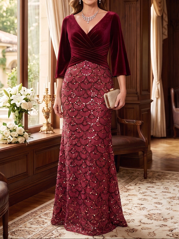 Sheath/Column V-Neck Velvet Mother of the Bride Dresses Sequins Floor-Length 3/4 Sleeves