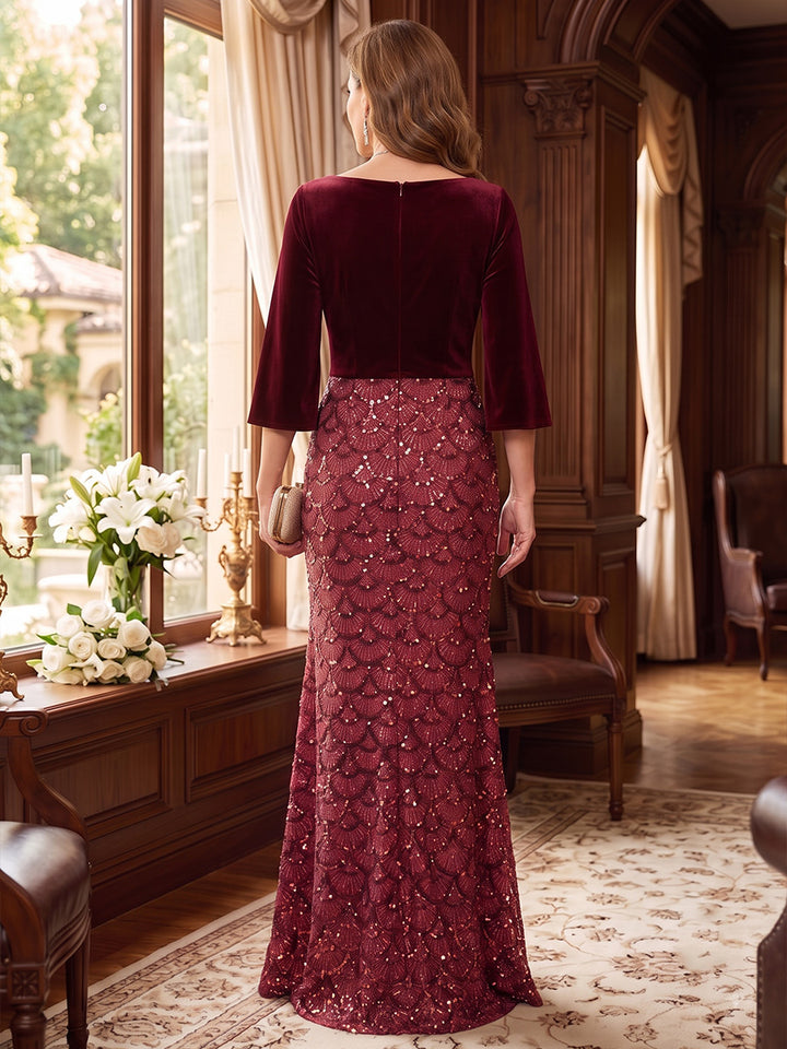 Sheath/Column V-Neck Velvet Mother of the Bride Dresses Sequins Floor-Length 3/4 Sleeves